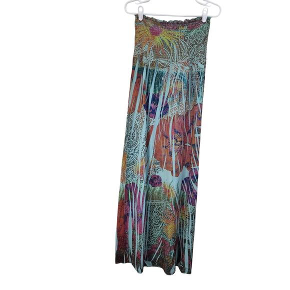 LSter Floral Print Smocked Strapless Boho Maxi Sundress Pullover Multicolor OSFM - Picture 1 of 5
